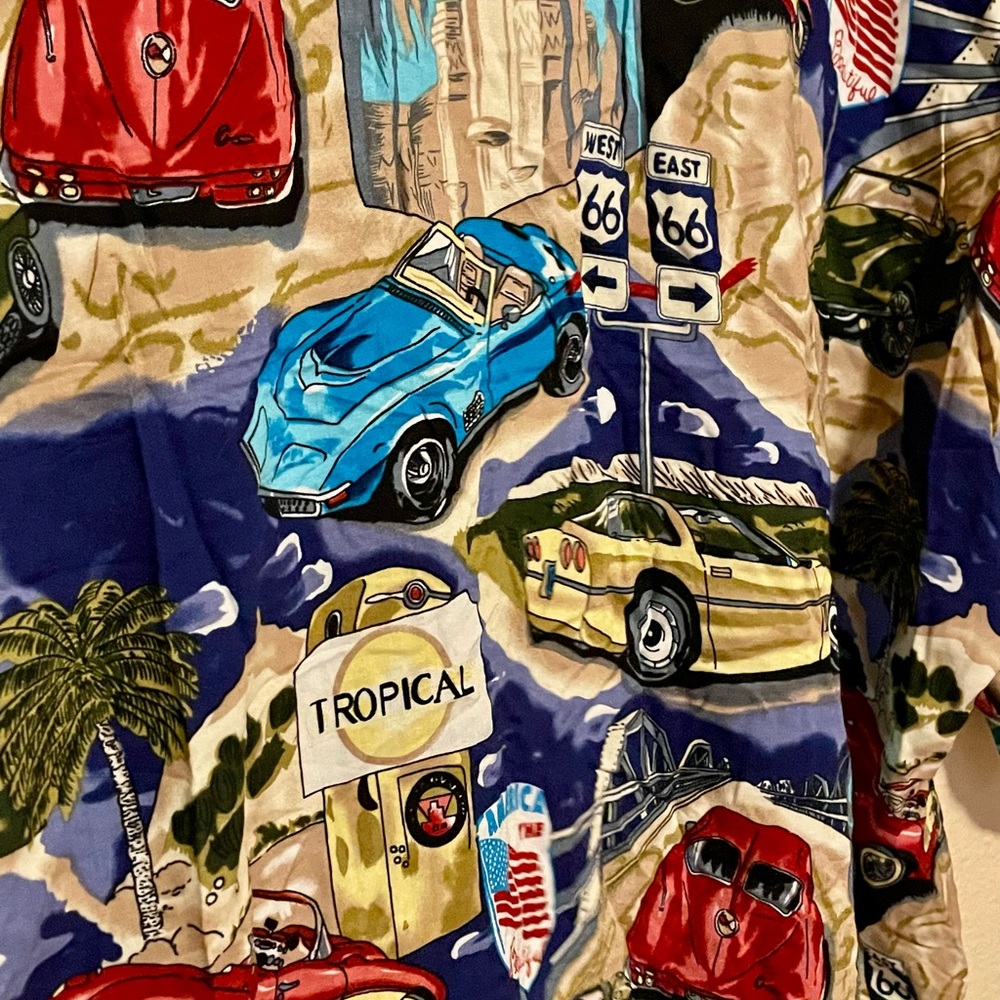 Vintage 1980s Island Collection Route 66 Corvette Cars Hawaiian Aloha Shirt XXL